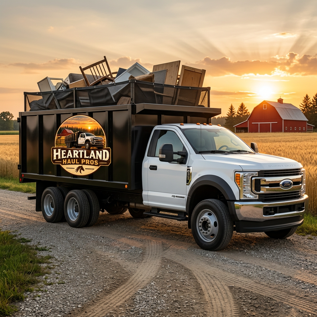 White junk removal truck carrying furniture and household debris, with the Heartland Haul Pros logo on its black hauling bed